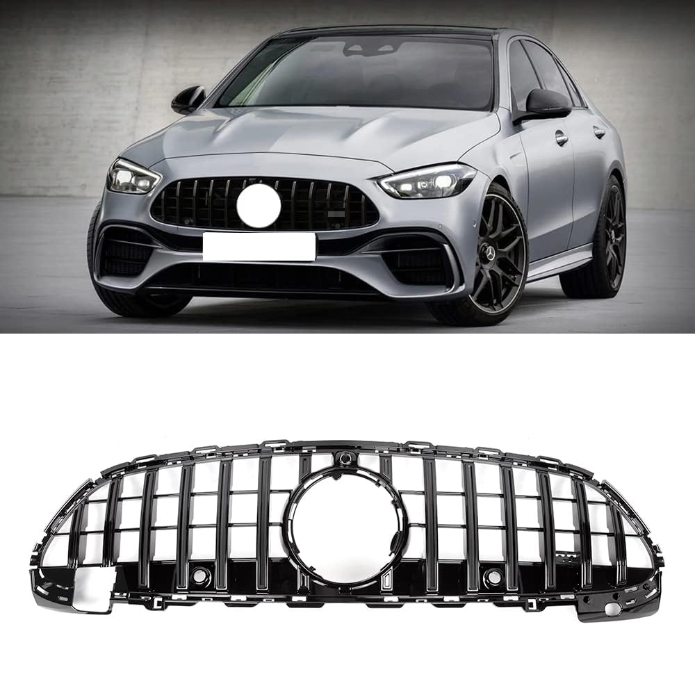 Gangying W206 Kühlergrill, GTR GT Style Frontgrill für Mercedes C-class C180 C200 C250 C300 C350 C400 2021-2024 Schwarz glänzend（Nicht passen C63，ohne Kamera） von Gangying