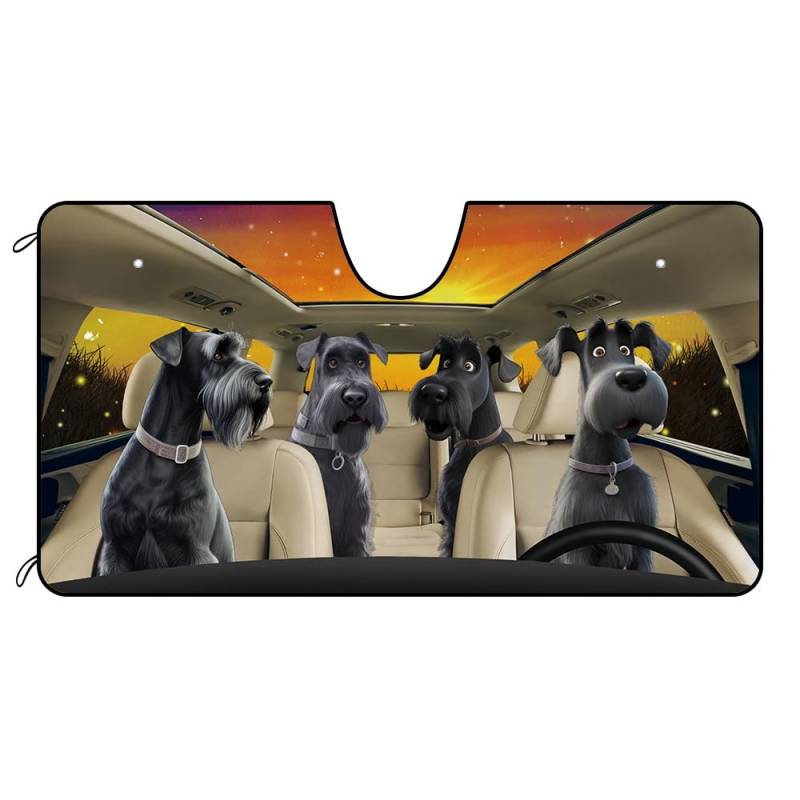 Funny Giant Schnauzer Hund Familie Windschutzscheibe Sonnenschutz für Auto SUV LKW Tier Frontfenster Auto Sonnenschutz Sonnenblende Sonnenschutz UV Strahlen Schutz 51 x 26,8 Zoll Dämmerung von Ganshan Bi