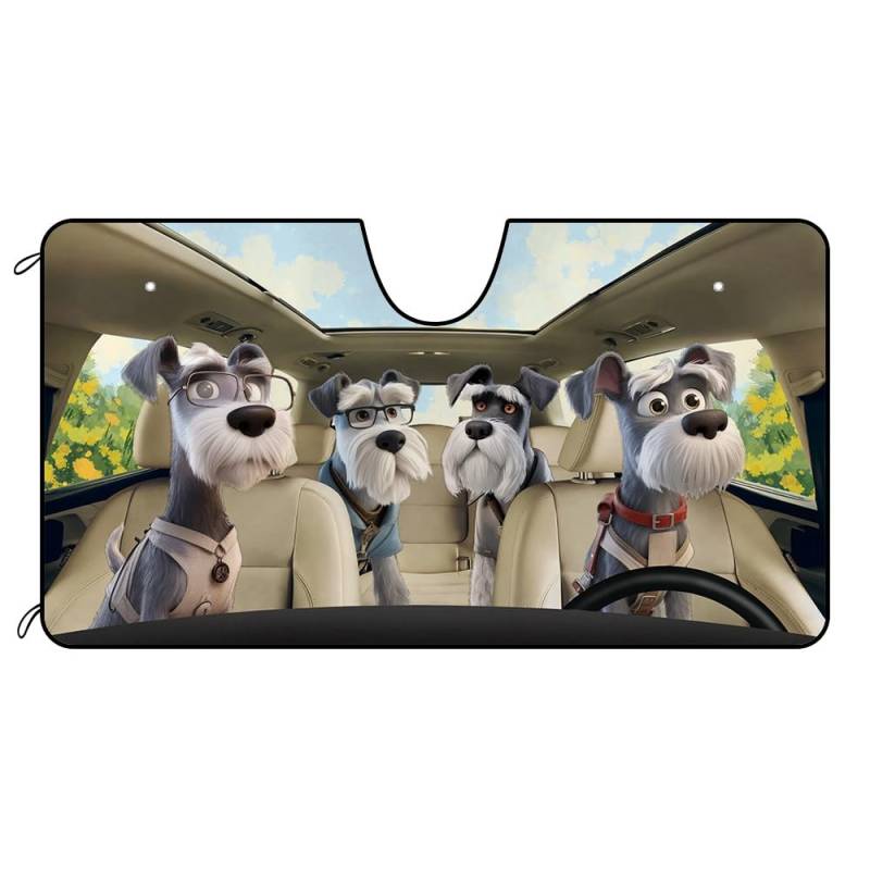 Funny Miniature Schnauzer Hund Familie Windschutzscheibe Sonnenschutz für Auto SUV LKW Tier Frontfenster Auto Sonnenschutz Sonnenblende Sonnenschutz UV Strahlen Schutz 51 x 26,8 Zoll Landstraße von Ganshan Bi