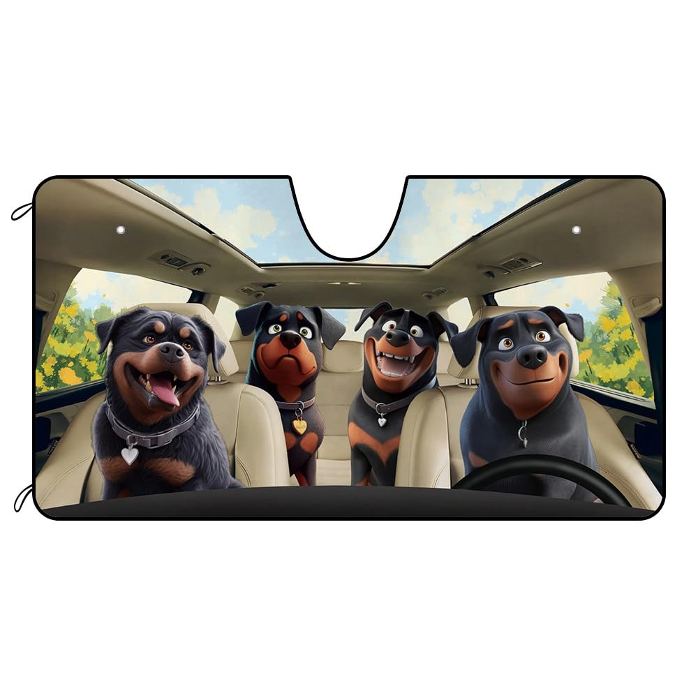 Lustiger Rottweiler-Hunde-Familien-Windschutzscheiben-Sonnenschutz für Auto, SUV, LKW, Tier, Frontfenster, Auto-Sonnenblende, Sonnenblende, UV-Schutz, 130 x 67 cm, Landstraße von Ganshan Bi