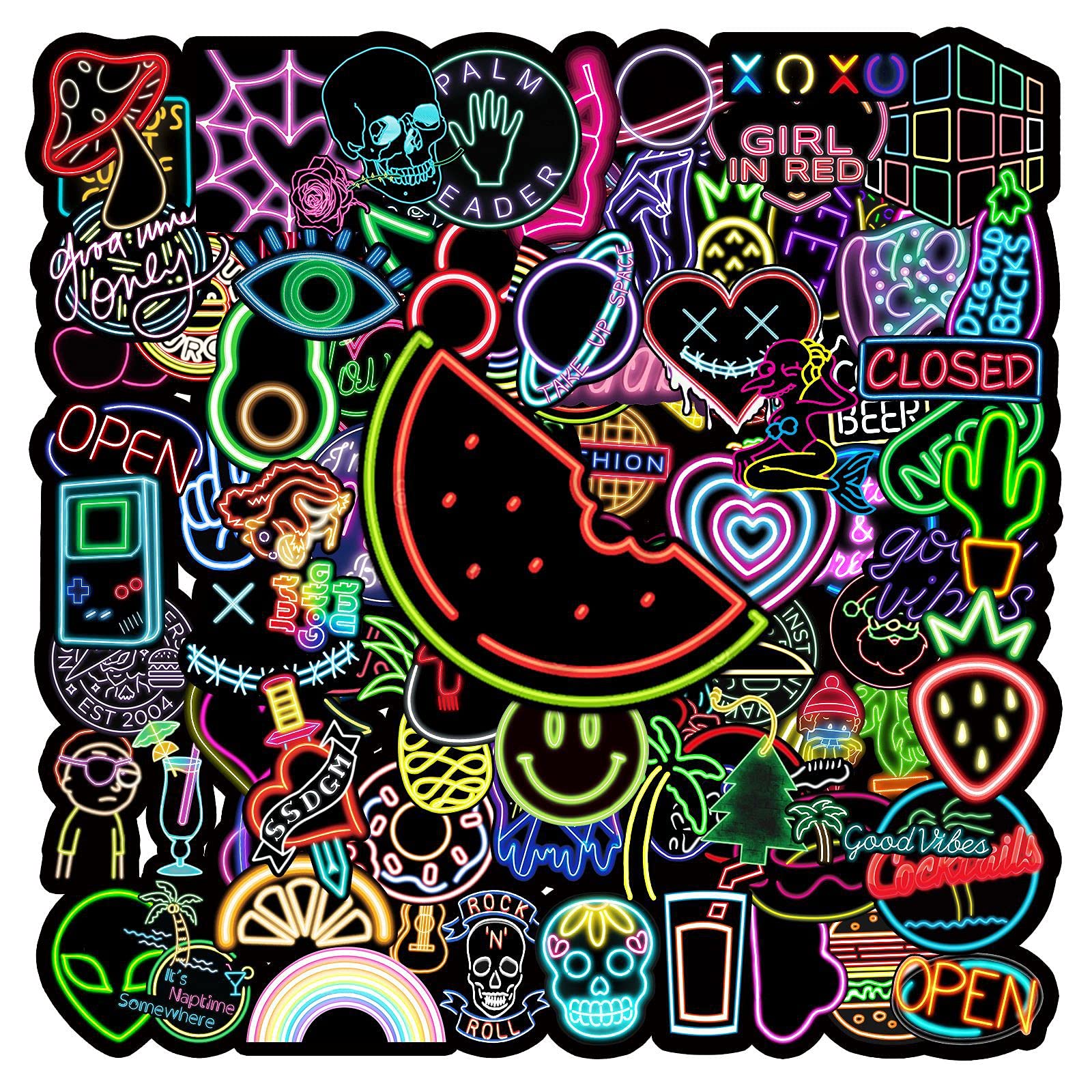 Gaojiwanju 100 Stück Neon Graffiti Wasserfeste Aufkleber Sticker Set für Kinder Jugendliche Funny Aufkleber für Auto Laptop Skateboard Fahrrad Moped Motorrad Motorräder Gepäck Computer Koffer von Gaojiwanju