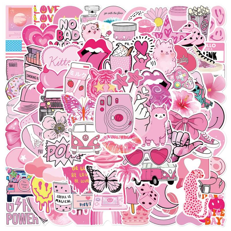 100 Stück Rosa Ästhetik Wasserfeste Aufkleber Sticker Set für Kinder Jugendliche Pink Aesthetics Aufkleber für Auto Laptop Skateboard Fahrrad Moped Motorrad Motorräder Gepäck Computer Koffer von Gaojiwanju