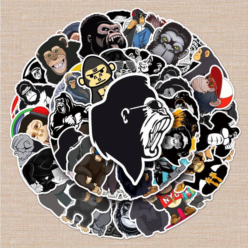 Gaojiwanju 50 Stück Gorilla Wasserfeste Aufkleber Sticker Set für Kinder Jugendliche Gorilla Vinyl Aufkleber für Auto Laptop Skateboard Fahrrad Moped Motorrad Motorräder Gepäck Computer Koffer von Gaojiwanju