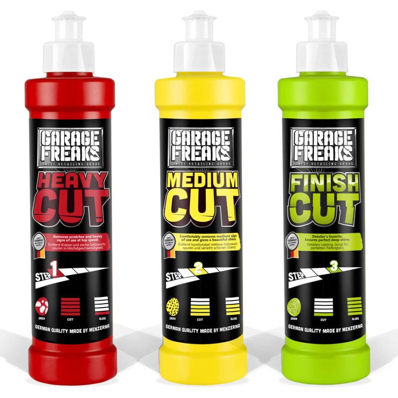 Garage Freaks - Auto Politur Komplett Set: Heavy Cut Schleifpolitur 250ml + Medium Cut Hologrammentferner 250ml + Finish Cut Hochglanzpolitur 250ml von Garage Freaks