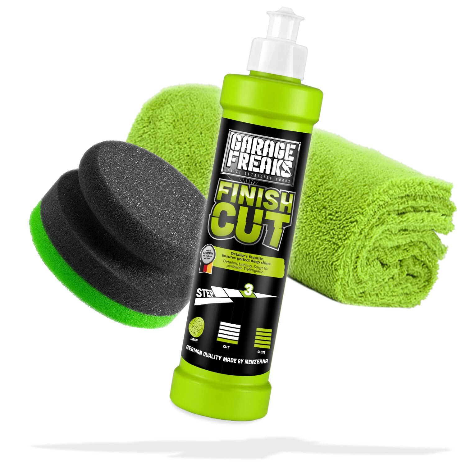 Garage Freaks Handpolitur Set - Step 3: Finish Cut Hochglanzpolitur 250ml - Für ein perfektes Hochglanz Finish + Handpolierschwamm + Edgeless Mikrofaser Poliertuch - Für eine optimale Auto Politur von Garage Freaks