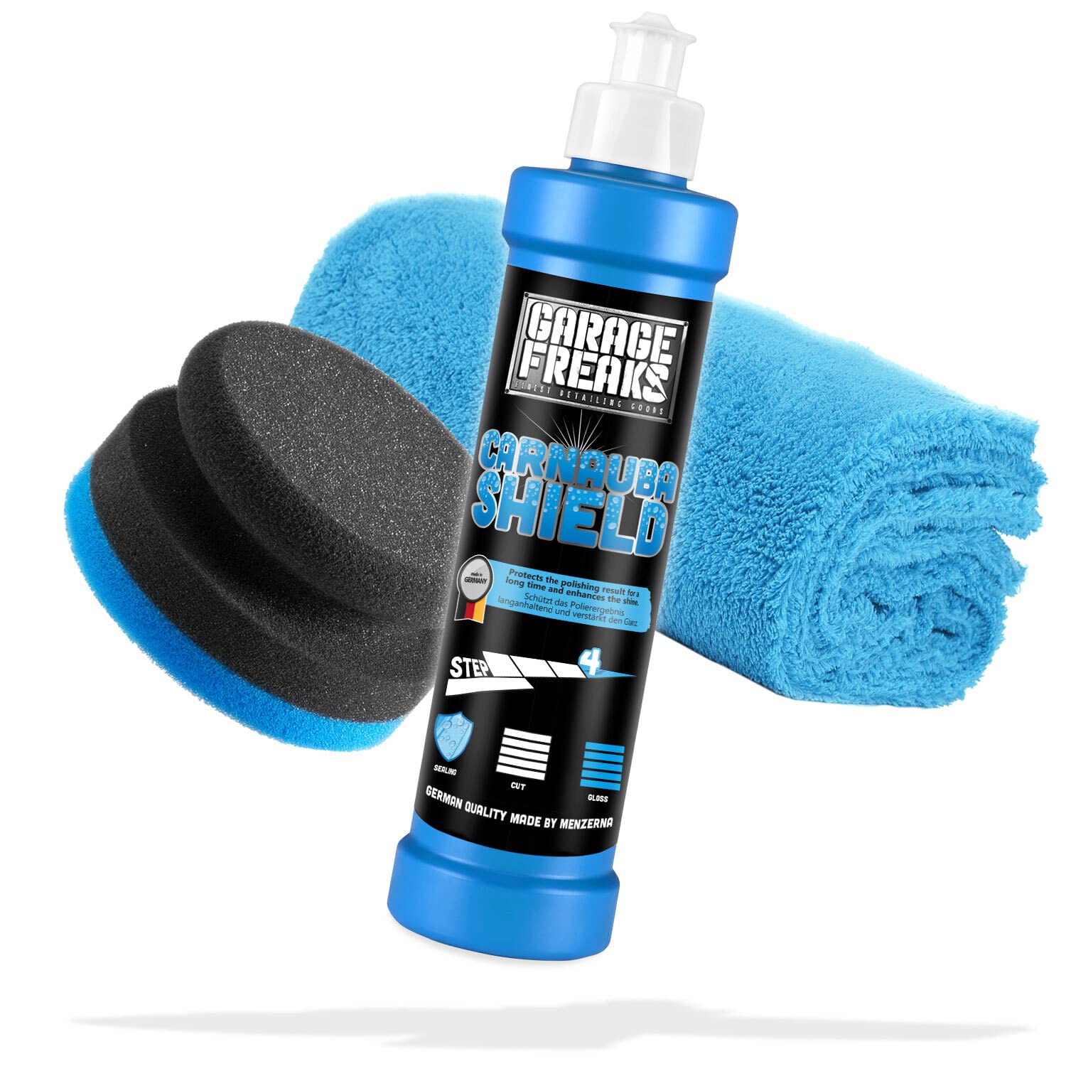 Garage Freaks Handpolitur Set - Step 4: Protection Versiegelung Carnauba Shield 250ml - Mit Abperleffekt und Tiefenglanz + Auftragsschwamm + Mikrofaser Poliertuch - Für eine optimale Auto Politur von Garage Freaks