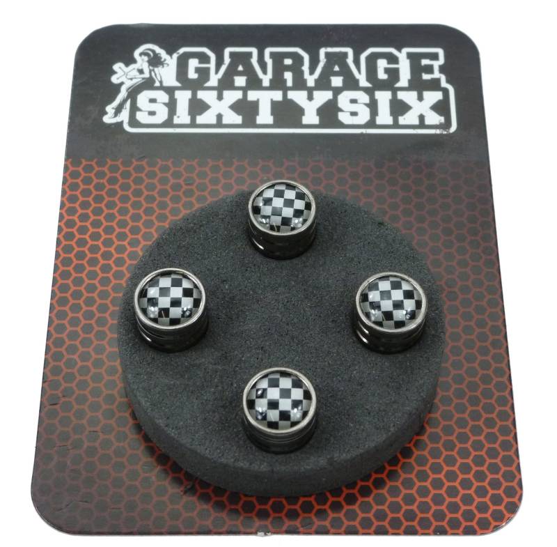 4 Ventilkappen Checkered Flag in Schwarzchrom / Modell: Detroit von Garage-SixtySix