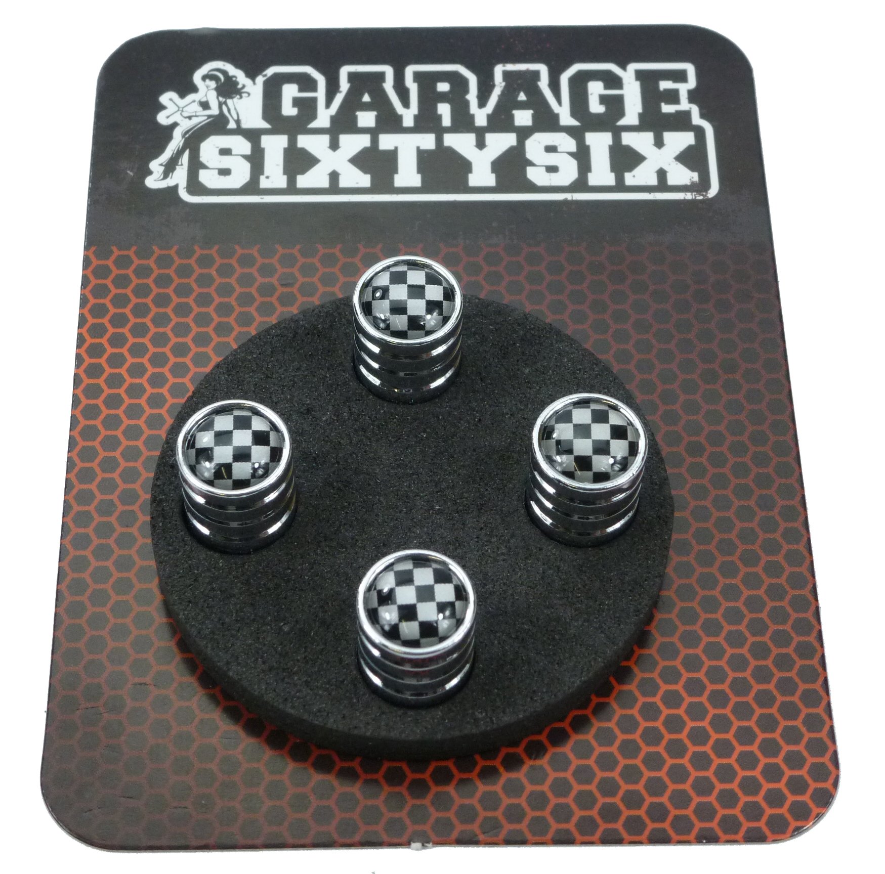 Garage-SixtySix 4 Ventilkappen Checkered Flag in Chrom/Modell: Detroit von Garage-SixtySix