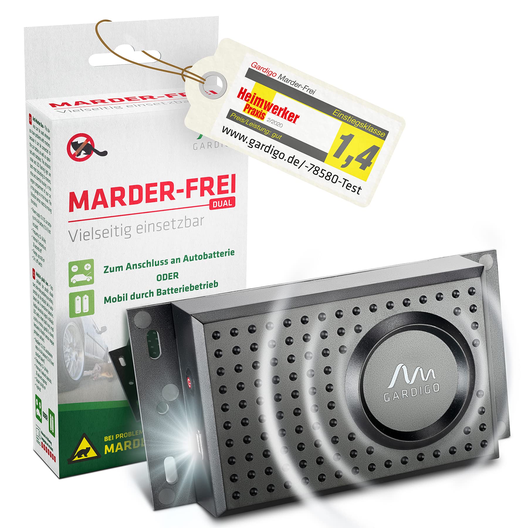 GARDIGO® Marder-Frei Dual | Marderschreck Auto | Mobile Marderabwehr für KFZ, Haus, Dachboden, Garage | Ultraschall und Blitzlicht | Anschluss an 12V Autobatterie oder Batteriebetrieb möglich von Gardigo