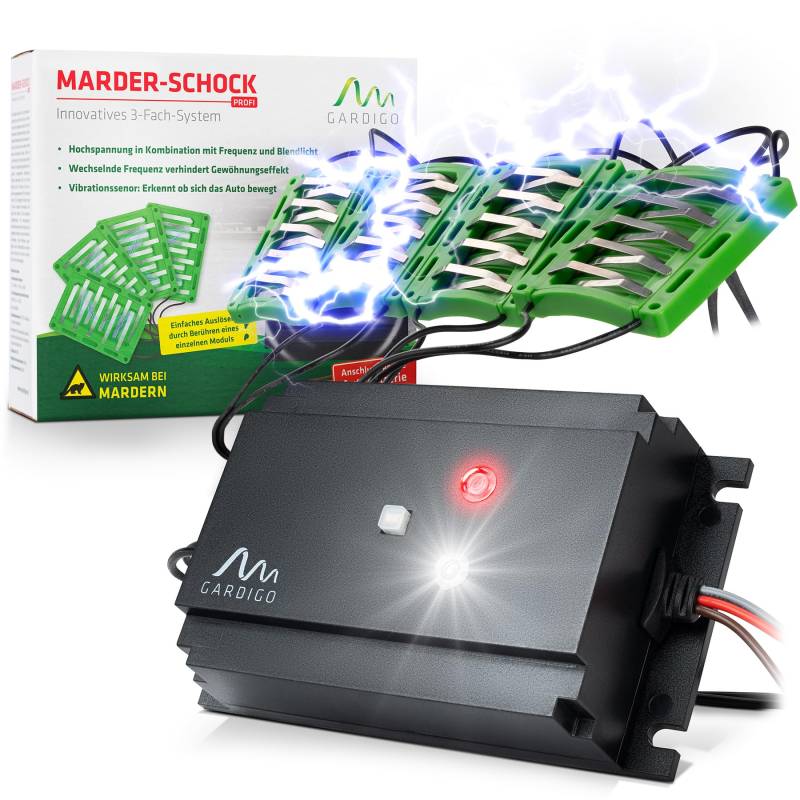 Gardigo® Marderschreck Auto Stromschlag | 3-fache Marderabwehr durch Ultraschall Blitzlicht und Elektroschock | Marderschutz im Motorraum | IP65 | Anschluss an Autobatterie | 400V | 12-24 kHz von Gardigo