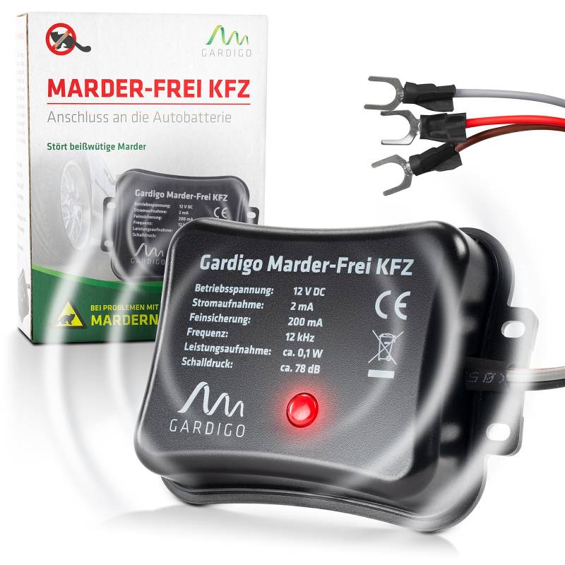 Gardigo® Marderschreck Marder-Frei KFZ I 25 Jahre Erfahrung Marderabwehr Auto I Anschluss an 12V Autobatterie I Marderschutz für Auto I Abwehr gegen Marder KFZ Marder vertreiben Motorschutz von Gardigo