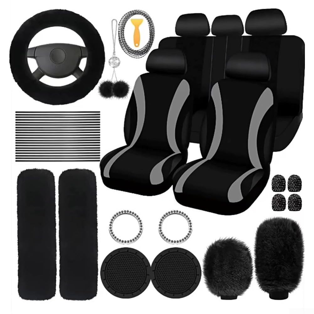 Auto-Zubehör-Set aus weicher Wolle, inklusive Plüsch-Lenkradbezug, Handbremse und Schaltung, aufwendiges Fahrzeug-Innen-Upgrade-Kit (schwarz) von Gdfnmogo