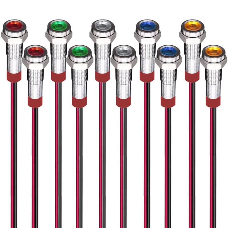 Gebildet 10Stück 6mm 3V-4.5V-5V-6V-7.5V-9V LED Metall Kontrollleuchte Wasserdichte Signallampe Pilot Dash mit Draht (Rot/Orange/Blau/Grün/Weiß) von Gebildet