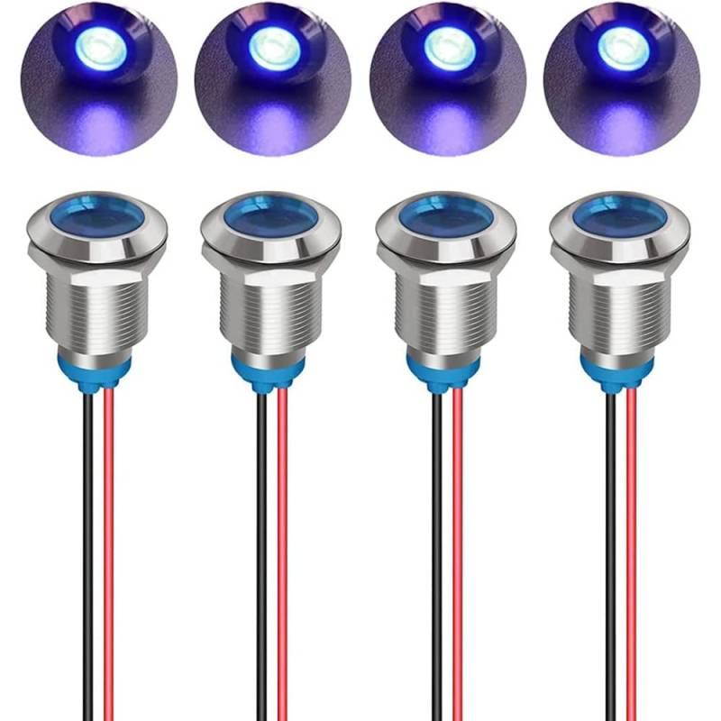 Gebildet 4 Stück 12mm 3V-4.5V-5V-6V-7.5V-9V LED Metall Kontrollleuchte wasserdichte Signallampe Pilot Dash mit Draht (Blau) von Gebildet