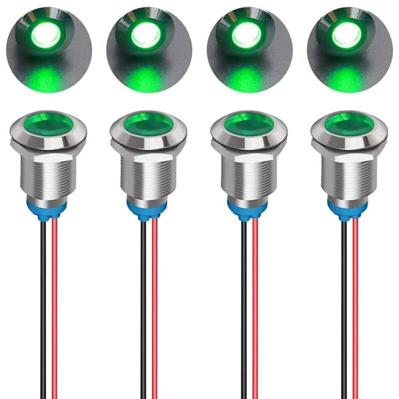 Gebildet 4Stück 12mm 3V-4.5V-5V-6V-7.5V-9V LED Metall Kontrollleuchte Wasserdichte Signallampe Pilot Dash mit Draht (Grün) von Gebildet