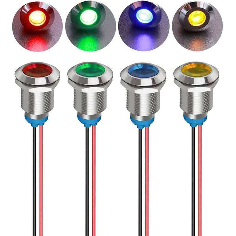 Gebildet 4 Stück 12mm 3V-4.5V-5V-6V-7.5V-9V LED Metall Kontrollleuchte Wasserdichte Signallampe Pilot Dash mit Draht (Rot/Orange/Blau/Grün) von Gebildet