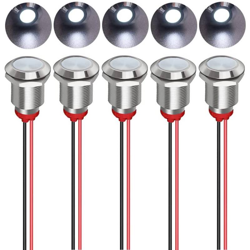 Gebildet 5pcs 12mm AC/DC 12-24V LED Metall Kontrollleuchte Wasserdichte Signallampe Pilot Dash Directional mit Draht(Weiß) von Gebildet