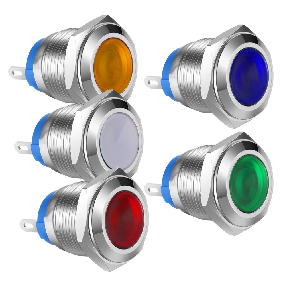 Gebildet 5pcs 16mm AC/DC 12-24V Edelstahl Wasserdicht LED-Kontrollleuchte und in 5Farben Rot/Orange/Blau/Grün/Weiß von Gebildet