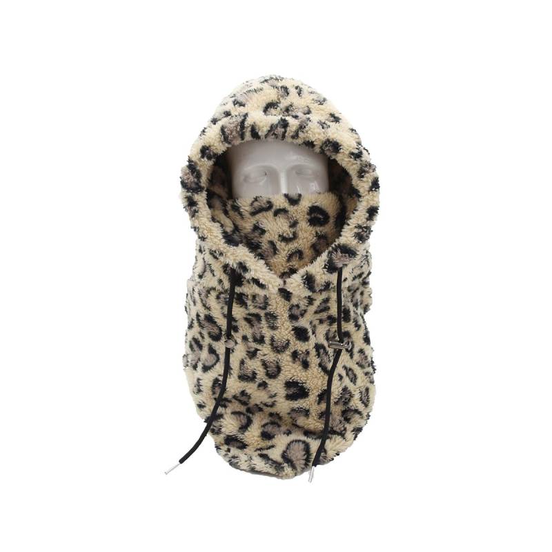 Warme Plüsch Fahrradhaube Skimaske Mit Hochpolarer Samtkapuze Skimaske für Damen Winddichter und Kältebeständiger All-in-One-Gesichtsschutzhut (leopard print) von Gehanico