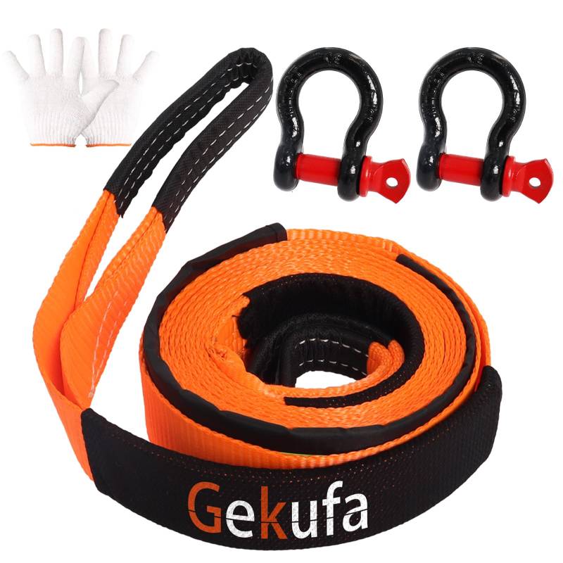 Gekufa Abschleppseil pkw 5M x 5cm, 10 Tonnen (22046 Lbs) Abschleppseil Auto Kit mit 2 Verstärkten Haken und Reflektierenden Streifen, Abschleppseile Für Off-Road Recovery (Orange) von Gekufa