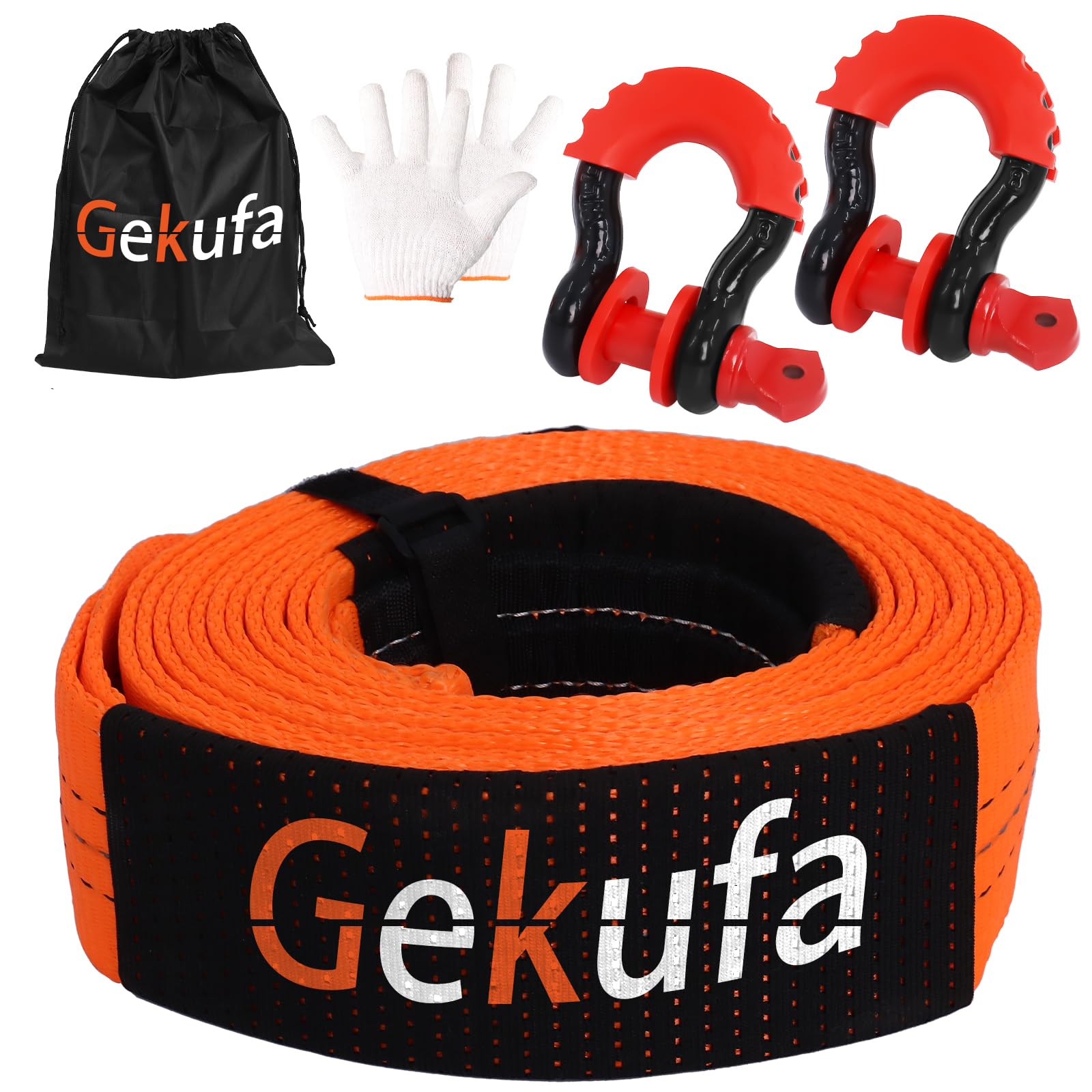 Gekufa Abschleppseil pkw 6M x 7.6cm, 15 Tonnen (33069 Lbs) Abschleppseil Auto Kit mit 2 Verstärkten Haken und Reflektierenden Streifen, Abschleppseile Für Off-Road Recovery (Orange) von Gekufa