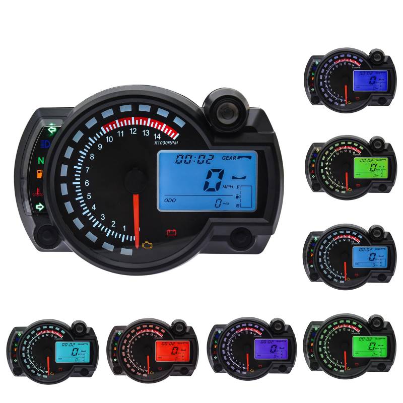 Geloo 14000RPM Motorrad Tachometer LCD Digital Motorrad RX2N Kilometerzähler Instrument einstellbar, Kilometerzähler Tachometer mit Geschwindigkeitssensor 0-299 KM/H 7Farben Hintergrundbeleuchtung von Geloo