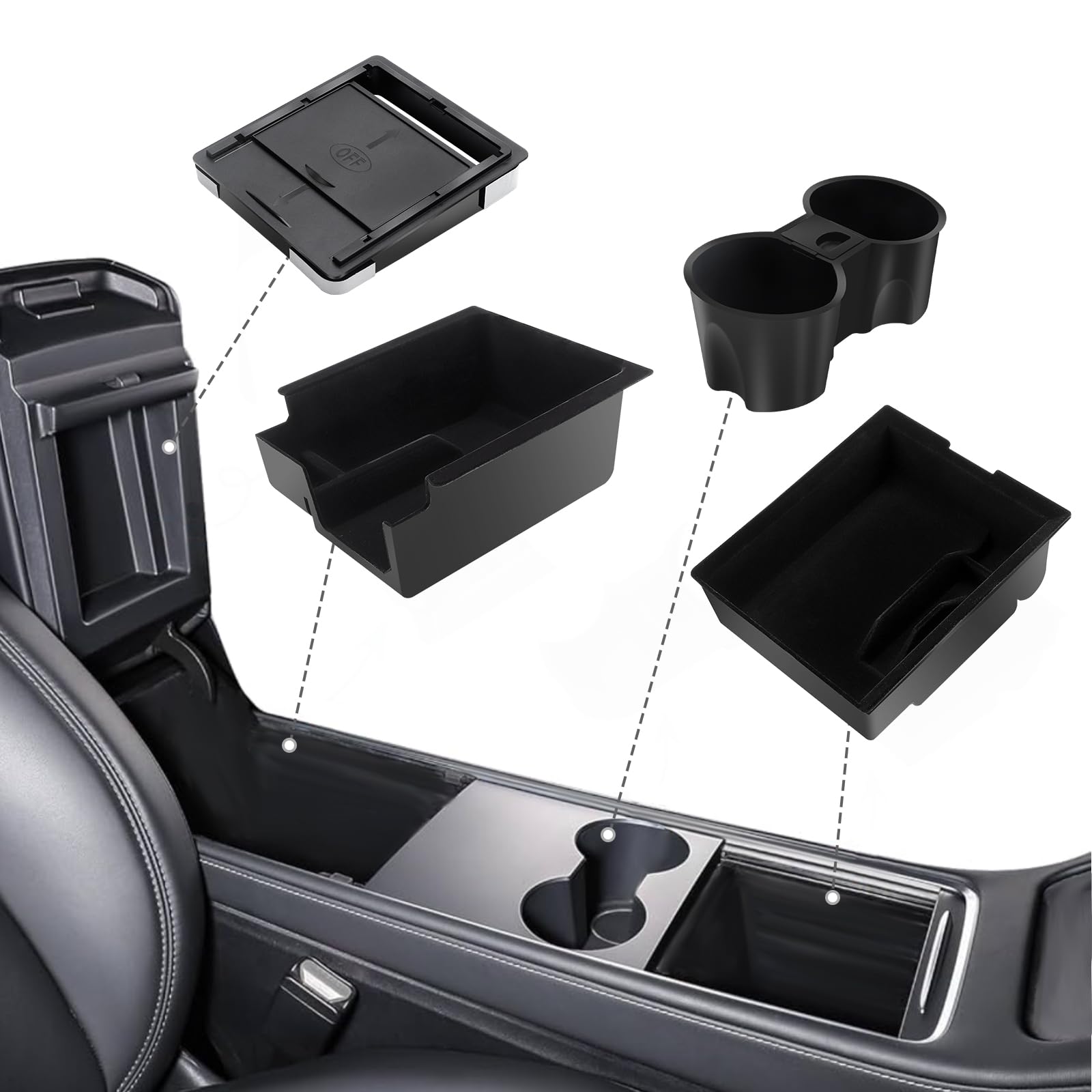 Geloo 4 Stück Mittelkonsole Organizer für Tesla Model Y 2021-2024 Mittelkonsolen Getränkehalter Armlehne Organizer Aufbewahrungsbox Versteckte Armlehnenablagebox für Model 3 2021-2023 von Geloo