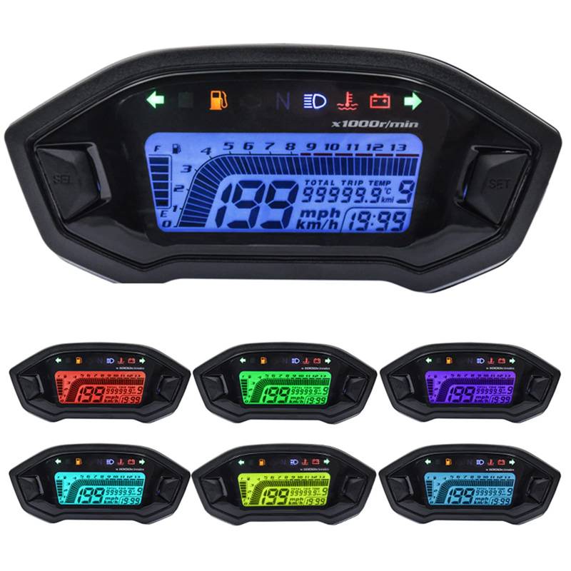 Geloo Motorrad Digitaler Tachometer, 13000 U/min Motorrad Messgerät LED Hintergrundbeleuchtung Digital Kilometerzähler für 2-4 Zylinder Universal mit Geschwindigkeitssensor von Geloo