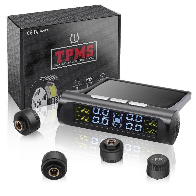 Geloo Universal Reifendruck-Kontrollsystem mit 4 externen Sensoren Wireless TPMS Solar Monitor mit 5 Alarm-Modus, Druckbereich 0-6 bar für Auto SUV Anhänger von Geloo