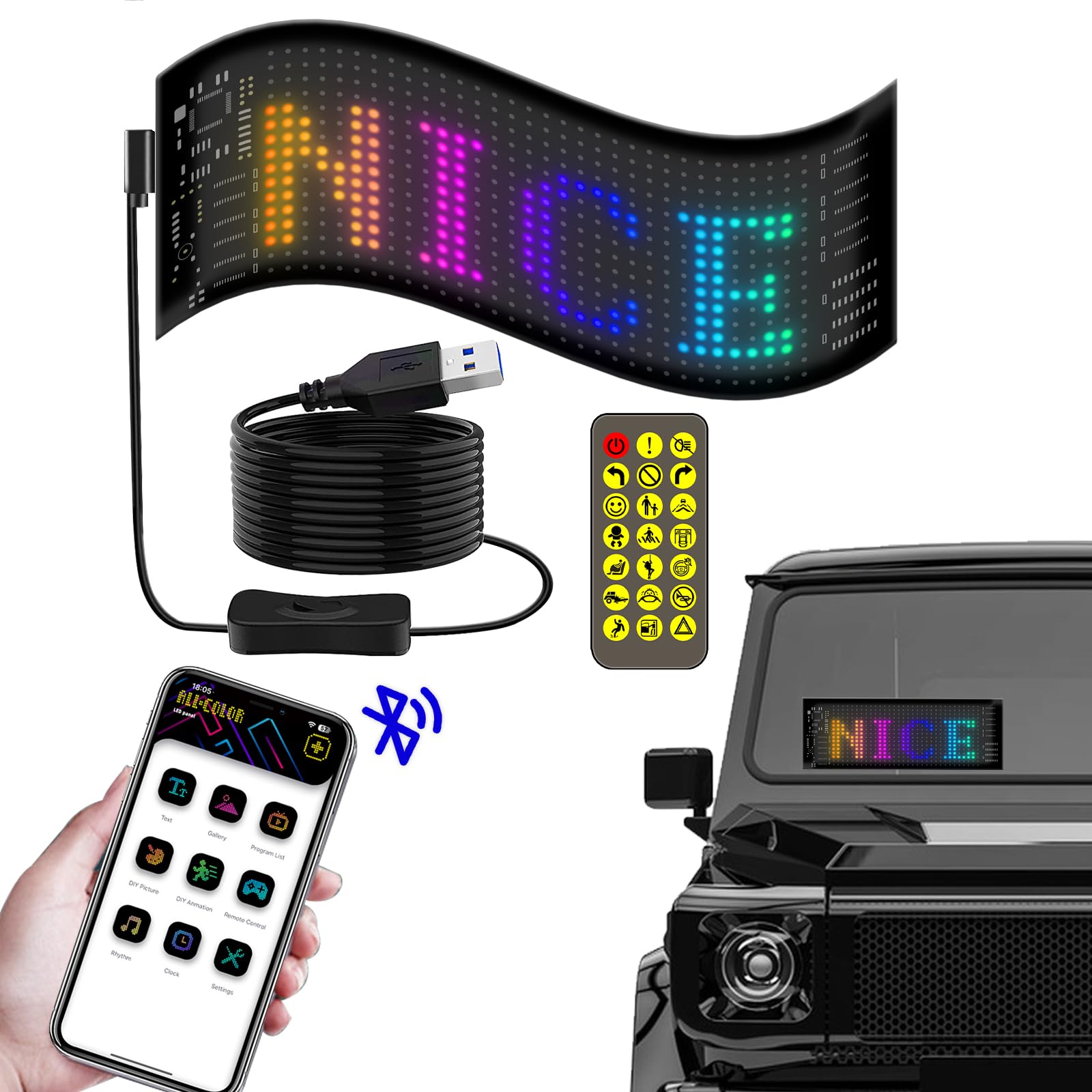 LED Laufschrift, 7 x 3 in LED Laufschrift Programmierbar, Flexibler LED Anzeigetafel mit Bluetooth Smart App, USB 5V LED Anzeige Programmierbar, LKW, Geschäft, Bar, Hotel von GeluEla