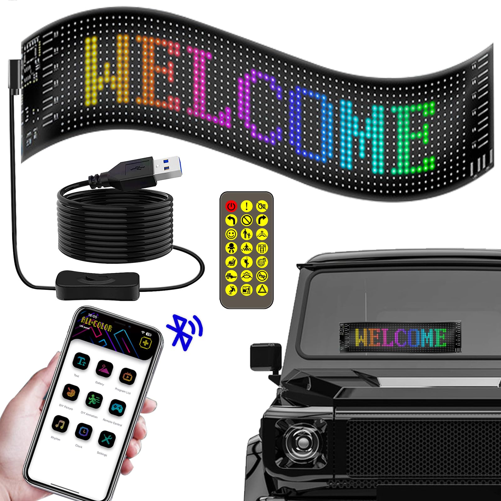 LED Laufschrift, 15 x 4 in LED Laufschrift Programmierbar, Flexibler LED Anzeigetafel mit Bluetooth Smart App, USB 5V LED Anzeige Programmierbar, LKW, Geschäft, Bar, Hotel von GeluEla