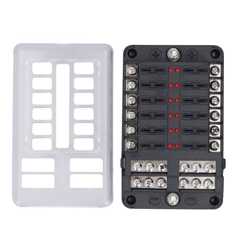 12-Wege-Sicherungskasten, 12-Wege-Sicherungshalter PBT PC Messing Rote LED-Anzeige Maximales Licht DC32V Hochfeste Wasserdichte Abdeckung für Bus von Generic