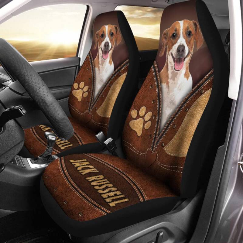 2 Stück Auto Vordersitzbezug Dehnbar Autositzbezüge Waschbar Vordersitz-Schonbezüge Universal Für Limousine Fahrzeuge Jack Russell Terrier Braun Druck, Geschenk Für Jack Russell Liebhaber von Generic