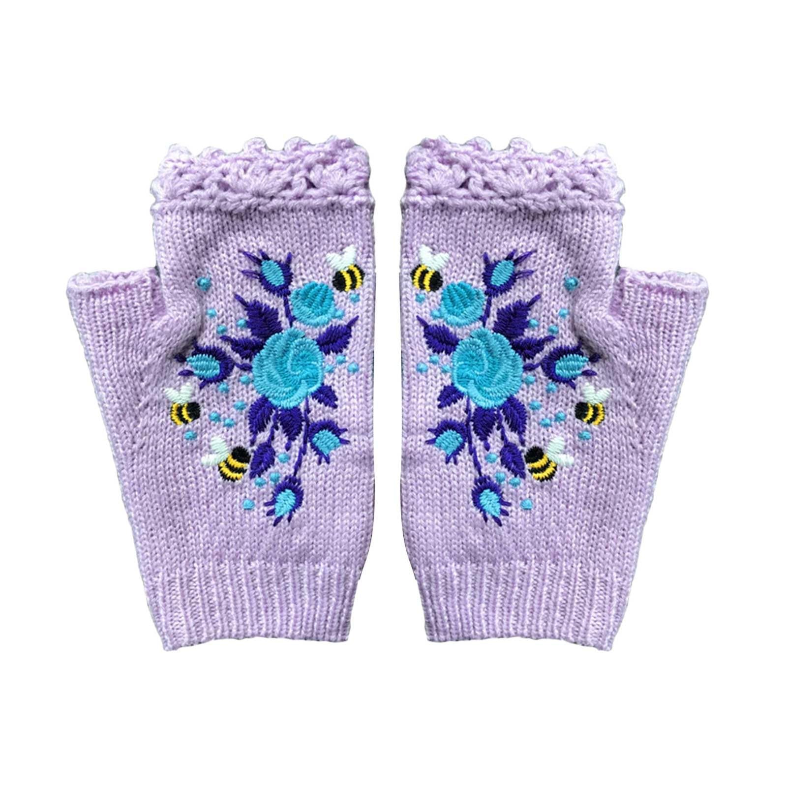 2023 Handbestickte Handschuhe Damen-Strickhandschuhe Blumenhandschuhe Gestickte fingerlose Handhandschuhe Handgestrickte fingerlose bestickte Blumenhandschuhe Dünne Lederhandschuhe Blau (A, A) von Generic