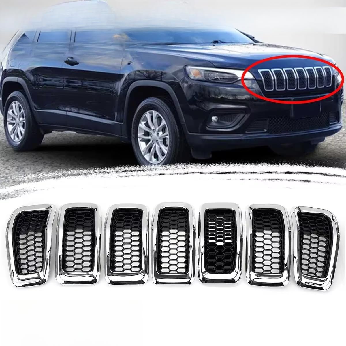 7 x Auto-Frontstoßstangen-Zentralgrill-Abdeckung, Ersatz-Mesh-Waben-Renngitter, kompatibel mit Jeep Cherokee 2014–2018, Karosserie-Set, Autozubehör (Silber) von Generic