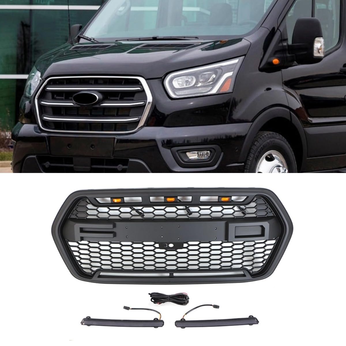 Auto-Frontstoßstangengitter, Renngitter, kompatibel mit Ford Transit 2022–2023, Karosserie-Set, Autozubehör (LED + untere Lichtleiste) von Generic