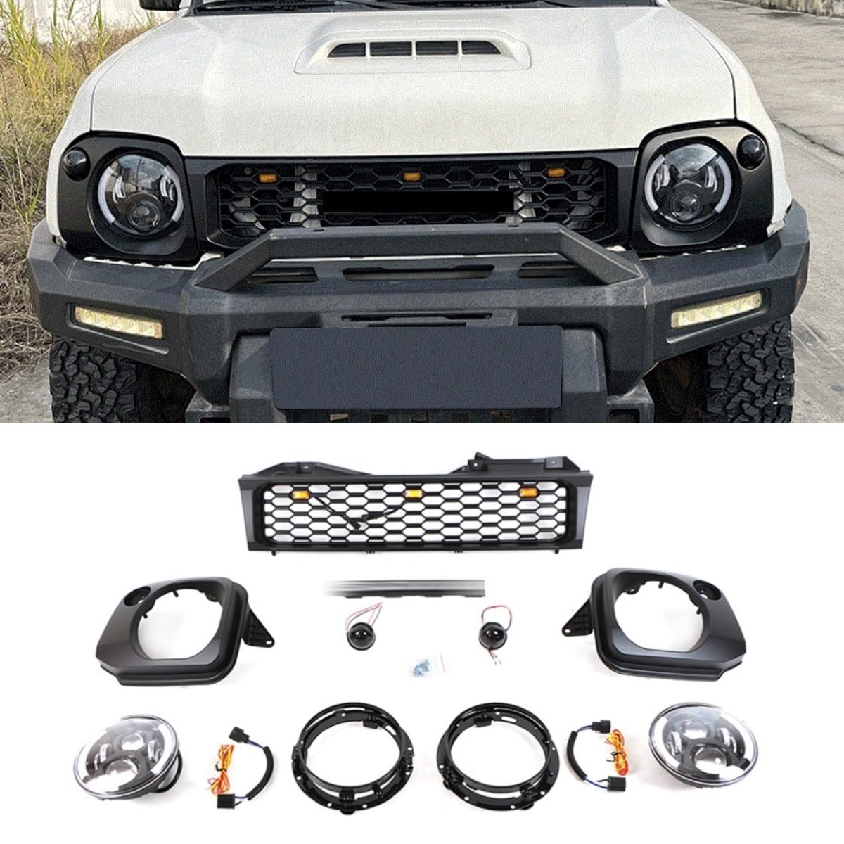 Auto-Frontstoßstangengitter, Renngitter, kompatibel mit Suzuki Jimny 2012–2018, Karosserie-Set, Autozubehör (Lampenrahmen + Scheinwerfer) von Generic