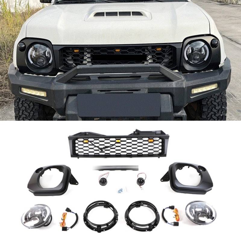 Auto-Frontstoßstangengitter, Renngitter, kompatibel mit Suzuki Jimny 2012–2018, Karosserie-Set, Autozubehör (Lampenrahmen + Scheinwerfer + Grill) von Generic