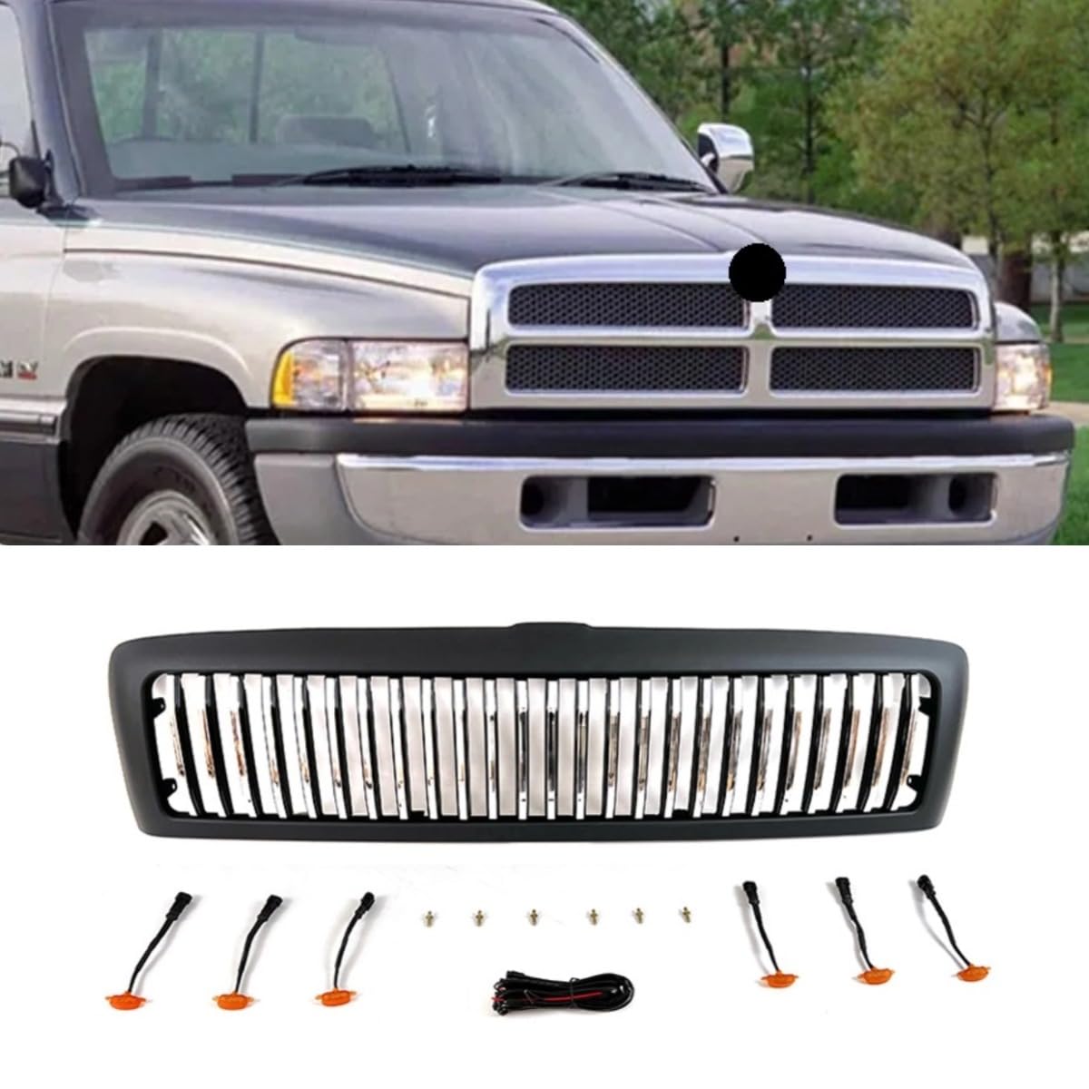 Auto Frontstoßstangengitter Racing Kühlergrill Kompatibel mit Dodge RAM 1994-2002 Karosserie-Kit Autozubehör (Silber mit Licht) von Generic