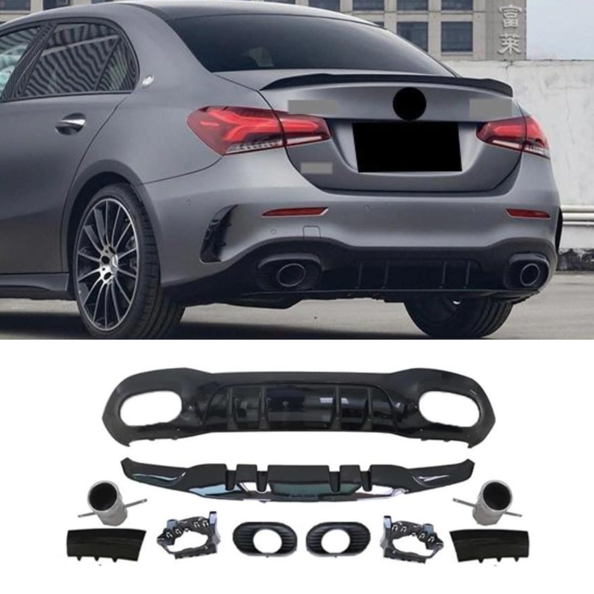 Auto Heckstoßstange Lippe Heckklappe Heckhals Kompatibel mit Mercedes Benz A-Klasse Limousine W177 2019+ Hecksplitter Diffusor Spoiler Karosserie Kit Autozubehör (Lip Black + Rear Tail Throat Silver) von Generic