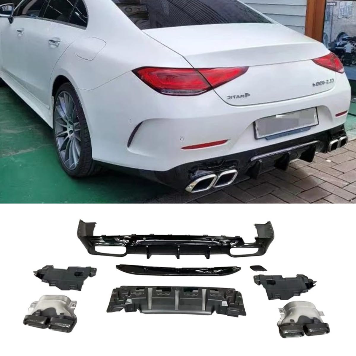 Auto Heckstoßstange Lippe Heckklappe Heckhals Kompatibel mit Mercedes Benz CLS C257 2018+ Hecksplitter Diffusor Spoiler Karosserie Kit Autozubehör (Lip Gloss Schwarz + Tail Throat Silver) von Generic