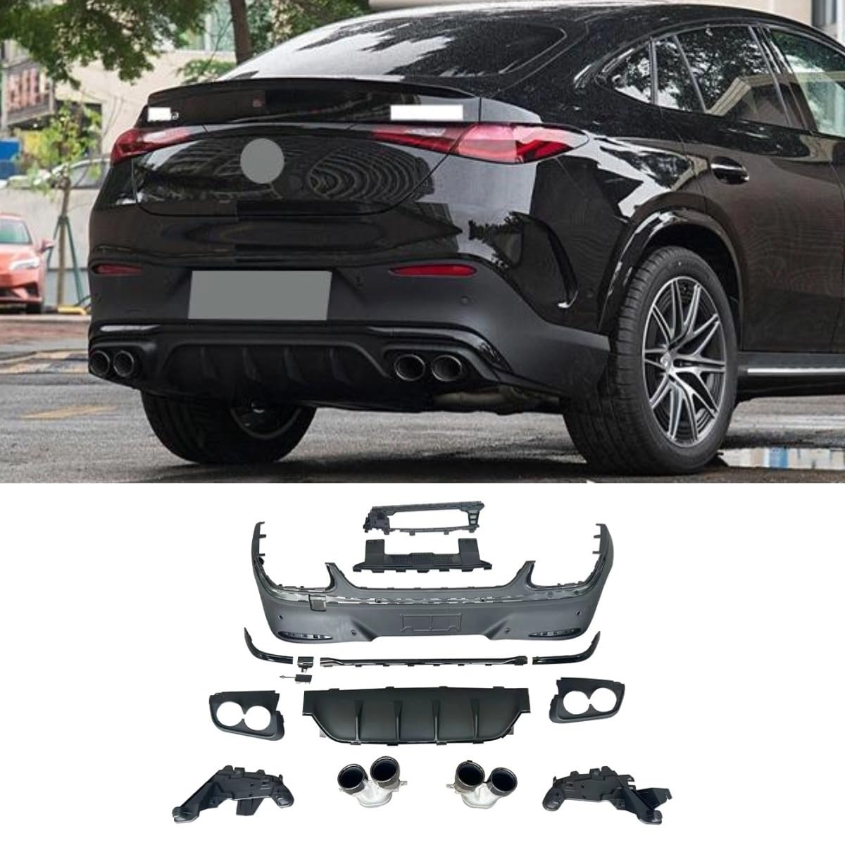 Auto Heckstoßstange Lippe Heckklappe Heckhals Kompatibel mit Mercedes Benz GLC Coupe C254 2023+ Hecksplitter Diffusor Spoiler Karosserie Kit Autozubehör (Lip Black + Rear Tail Throat Silver) von Generic