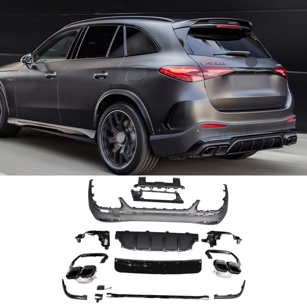 Auto Heckstoßstange Lippe Heckklappe Heckhals Kompatibel mit Mercedes Benz GLC X254 2023+ Hecksplitter Diffusor Spoiler Body Kit Autozubehör (Lip Black + Rear Tail Throat Silver) von Generic