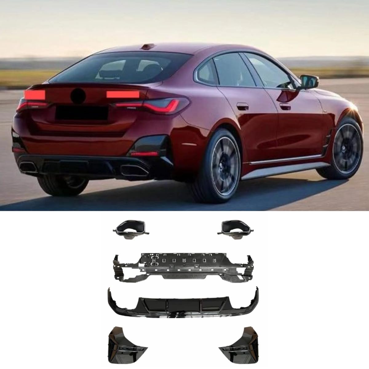 Auto Heckstoßstange Lippe Heckklappe Heckklappe Kompatibel mit BMW 4 Serie 4-Türer G26 2021+ Hecksplitter Diffusor Spoiler Body Kit Autozubehör (Lip Black + Rear Tail Throat Black) von Generic