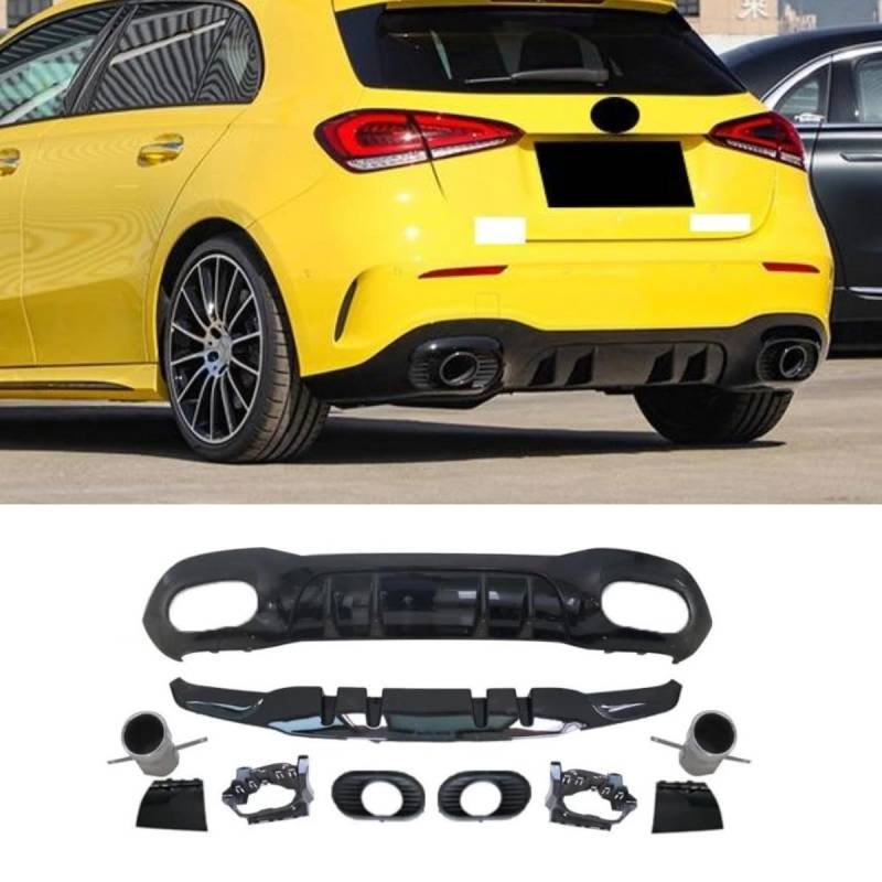 Auto Heckstoßstange Lippe Heckklappe Heckklappe Kompatibel mit Mercedes Benz A-Klasse Schrägheck W177 2019+ Hecksplitter Diffusor Spoiler Karosserie Kit Autozubehör (Lip Black + Rear Tail Throat von Generic