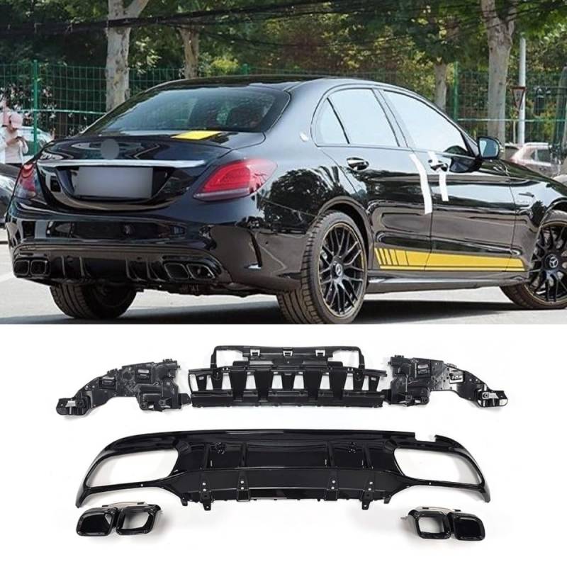 Auto Heckstoßstange Lippe Heckklappe Heckklappe Kompatibel mit Mercedes Benz C-Klasse W205 2015-2020 Hecksplitter Diffusor Spoiler Body Kit Autozubehör (Lip Black + Rear Tail Throat Silver) von Generic