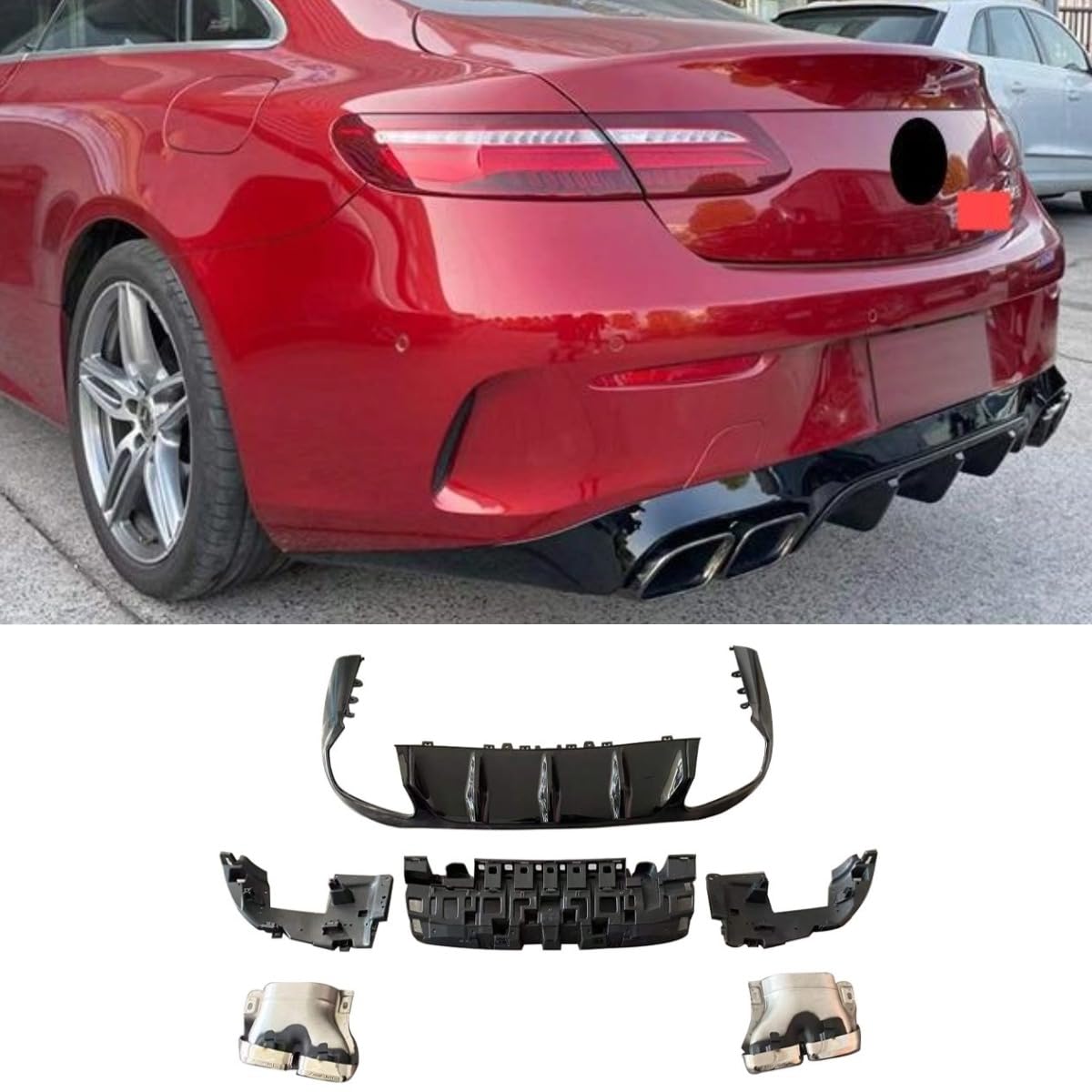 Auto Heckstoßstange Lippe Heckklappe Heckklappe Kompatibel mit Mercedes Benz E Coupe C238 2017-2022 Hecksplitter Diffusor Spoiler Karosserie Kit Autozubehör (Lip Black + Rear Tail Throat Silver) von Generic