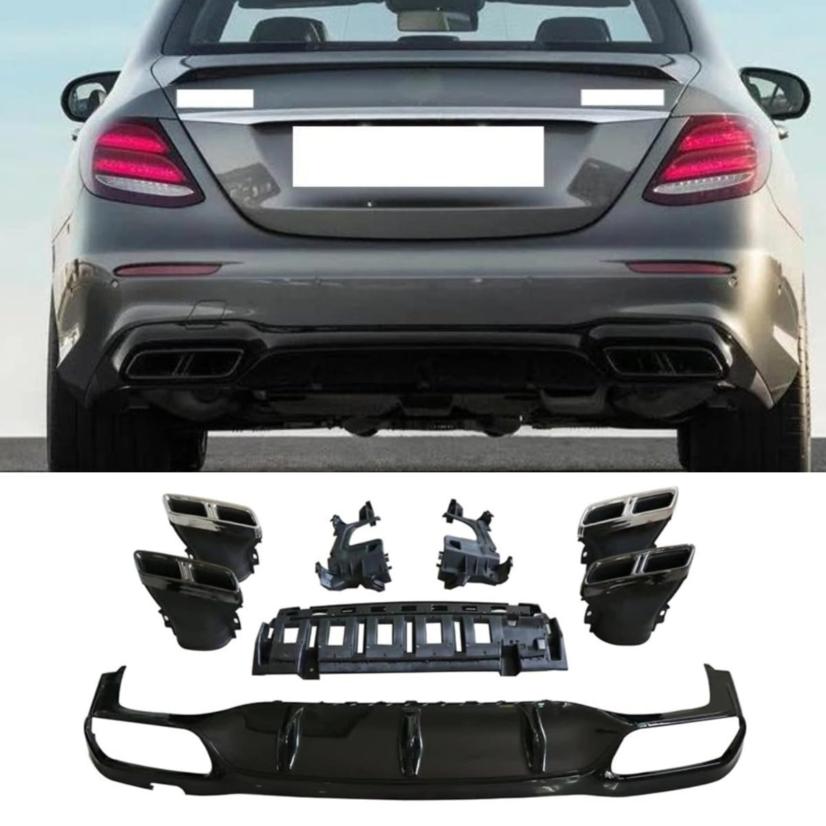 Auto Heckstoßstange Lippe Heckklappe Heckklappe Kompatibel mit Mercedes Benz E-Klasse W213 2017-2022 Hecksplitter Diffusor Spoiler Karosserie Kit Autozubehör (Lip Black + Rear Tail Throat Black) von Generic