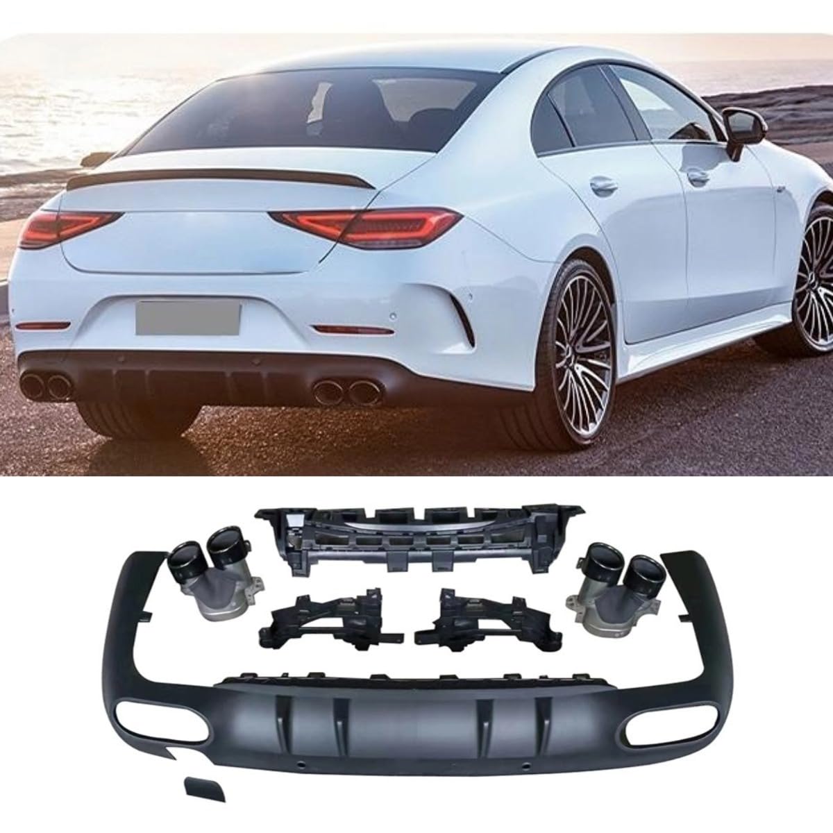 Auto Heckstoßstange Lippe hinten Schwanz Hals Kompatibel mit Mercedes Benz CLS C257 2018+ Hecksplitter Diffusor Spoiler Karosserie Kit Autozubehör (Lip Black + Rear Tail Throat Silver) von Generic