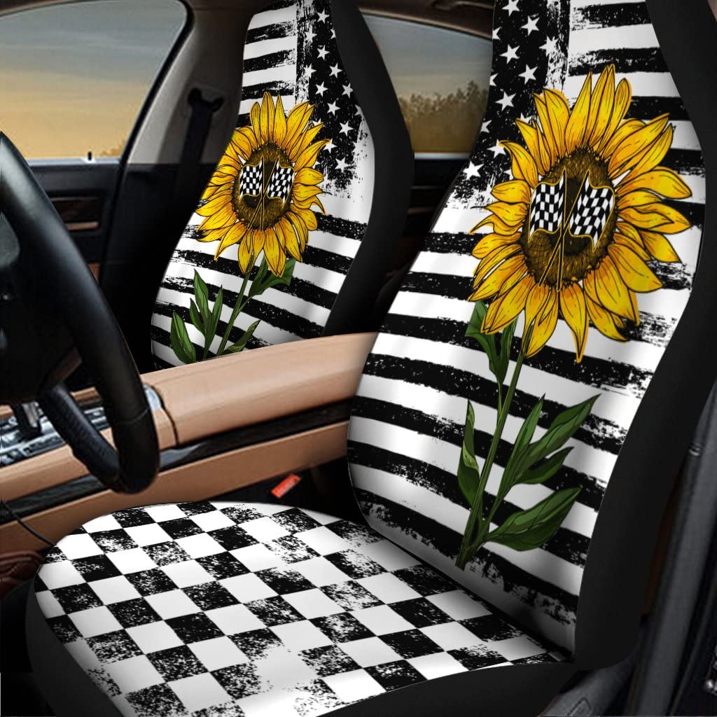 Auto-Schonbezüge Racing Flag Sunflower Us-Flagge Vintage Innenraum Sitzschoner Premium Design Auto-Zubehör Einfach Zu Montierende Sitzbezüge Set Universal Für Suvs, Anhänger, Wagen, 52X138Cm von Generic